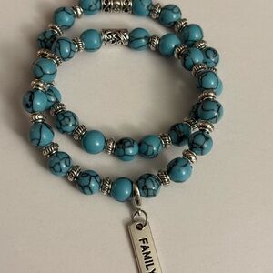 Turquoise bracelets with silvery family charm. Exclusive UrbanaSkyStones